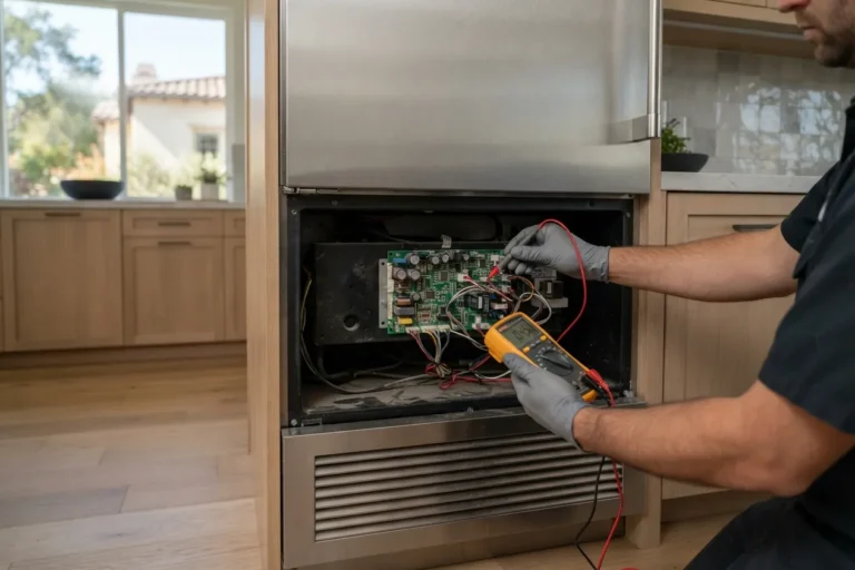 Technician testing the control board of a built-in refrigerator