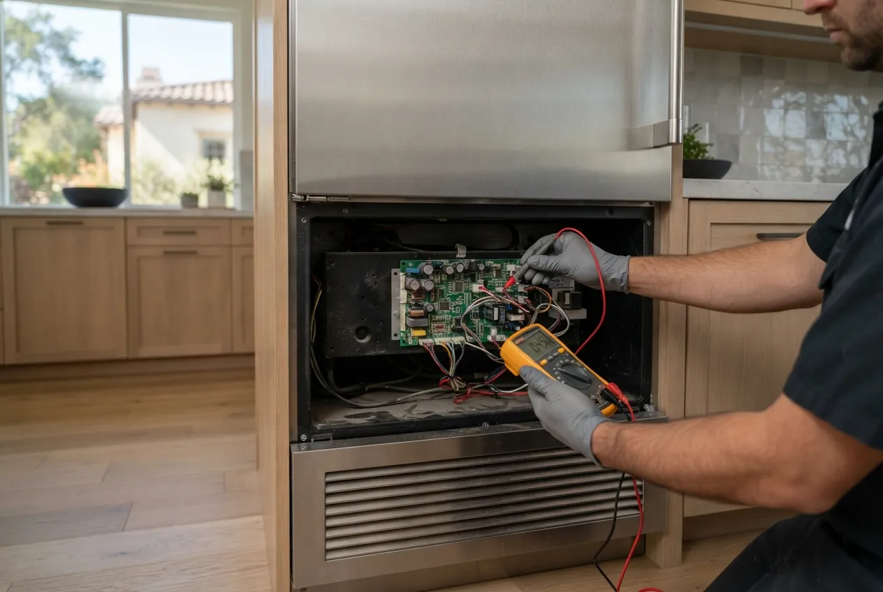 Technician testing the control board of a built-in refrigerator